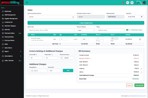 AmzoBilling POS sales screen with invoice settings and bill summary