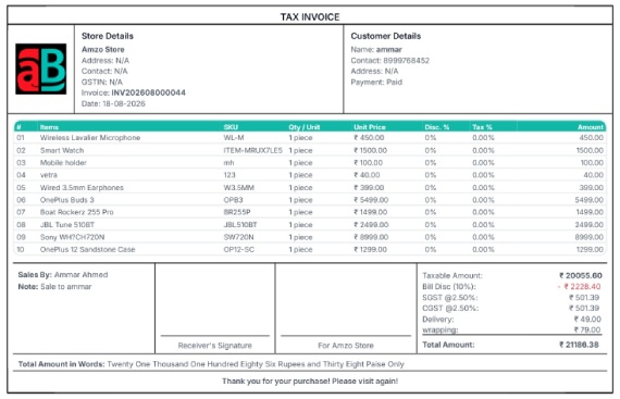 GST tax invoice generated by AmzoBilling