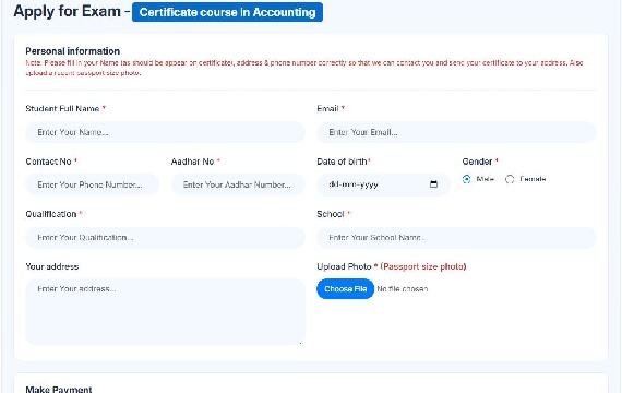 Online course registration and payment form for academy students